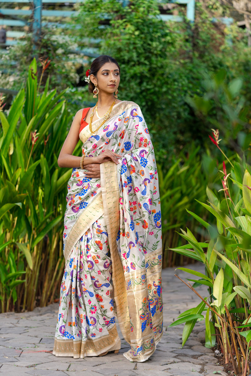 Pearl White Paithani Saree