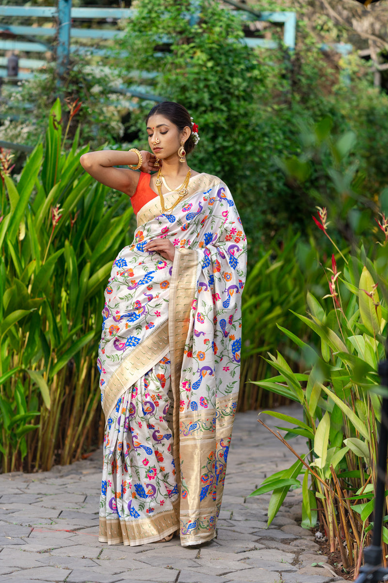 Pearl White Paithani Saree