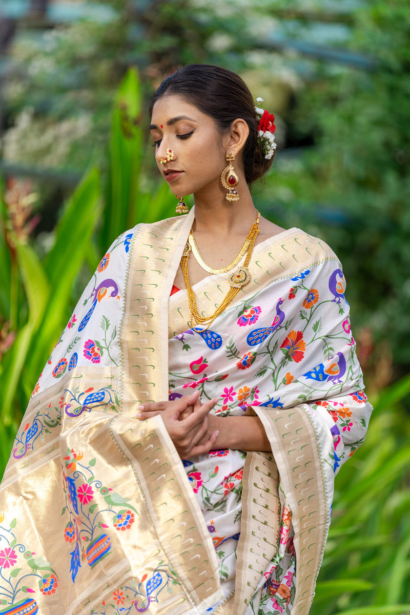 Pearl White Paithani Saree