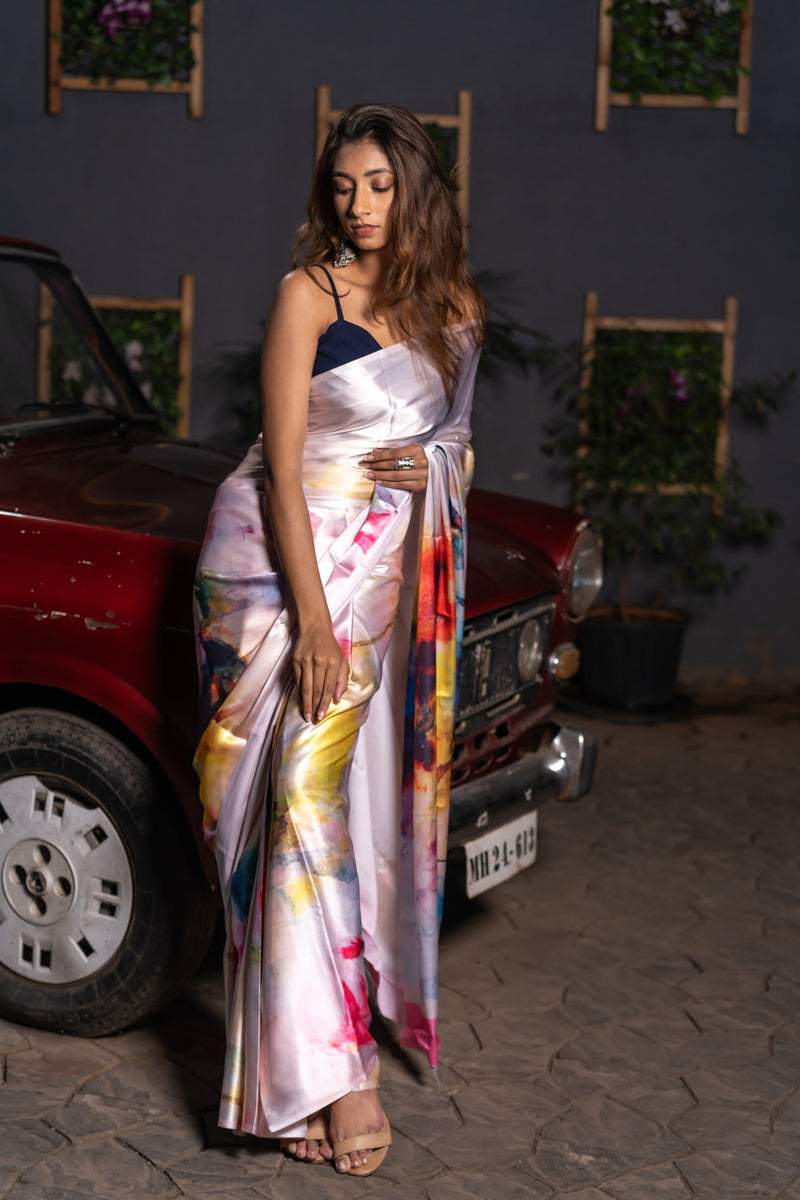 Daisy White Satin Silk Saree
