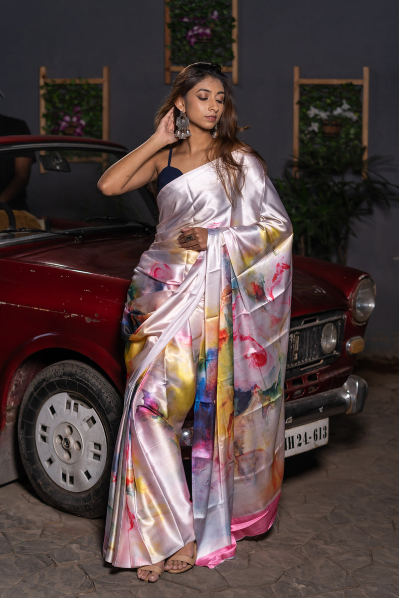 Daisy White Satin Silk Saree