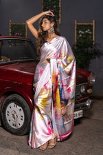 Daisy White Satin Silk Saree