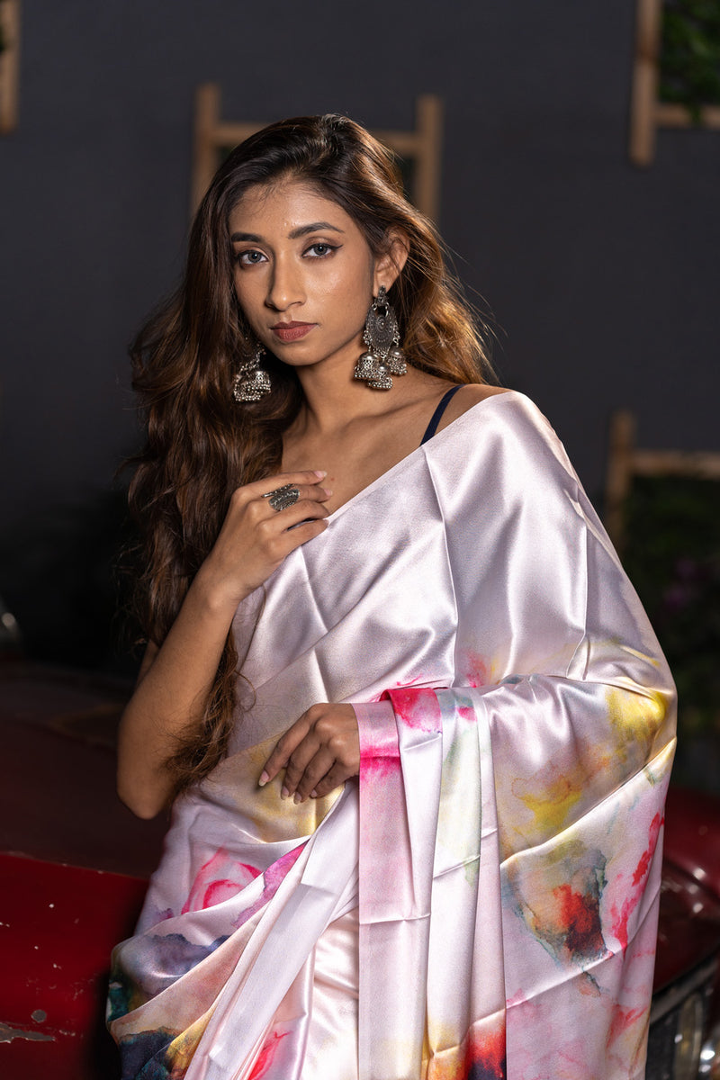 Daisy White Satin Silk Saree